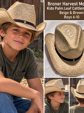 Broner Harvest Moon Jr. Kids Palm Leaf Cattleman Hat Beige & Brown Boys 6-10
